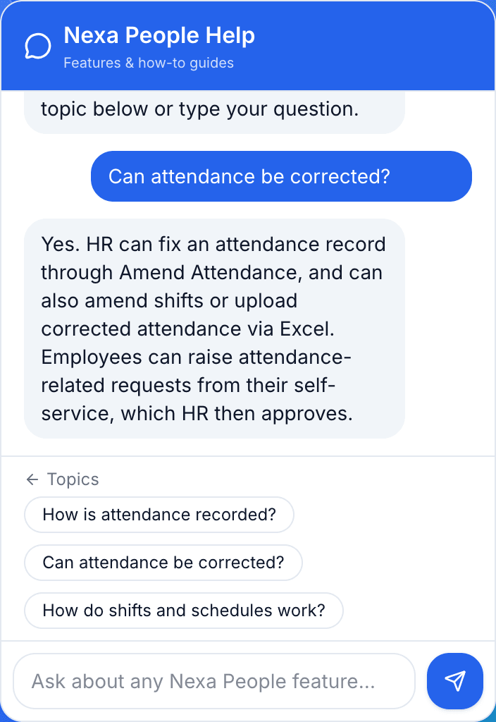 Nexa People Help widget answering “Can attendance be corrected?” with attendance topic suggestions