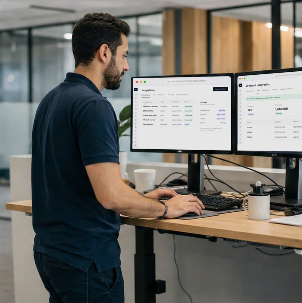 IT specialist connecting systems at a standing desk with two monitors