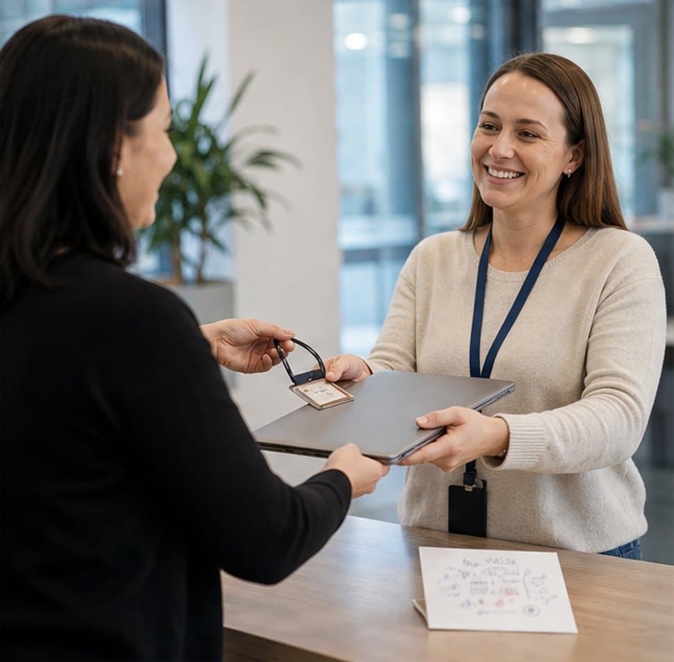 Employee handing back a laptop and badge to HR on their last day