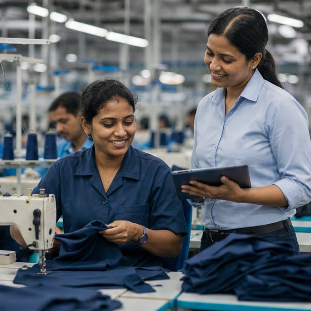 Garment worker counting finished pieces with a supervisor