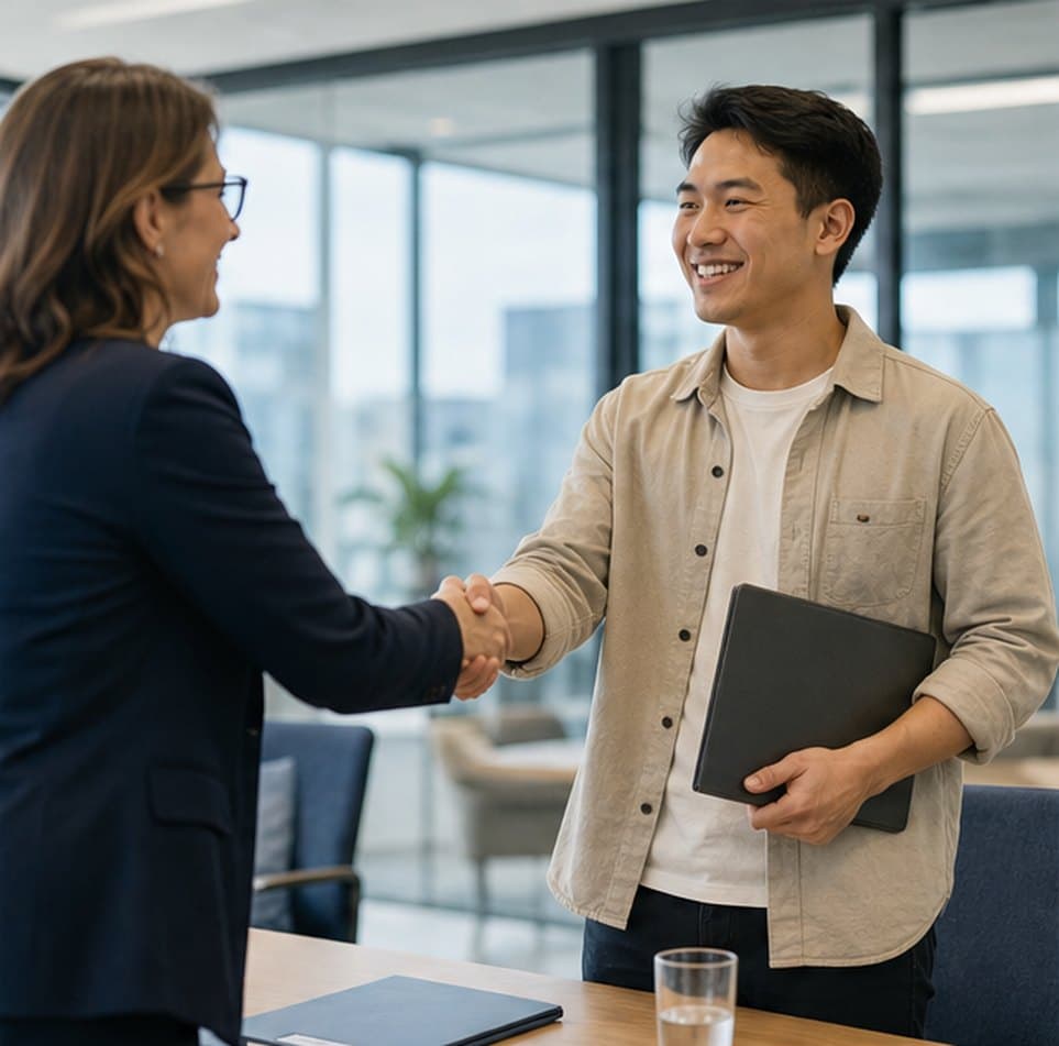 Recruiter welcoming a smiling candidate in a bright meeting room