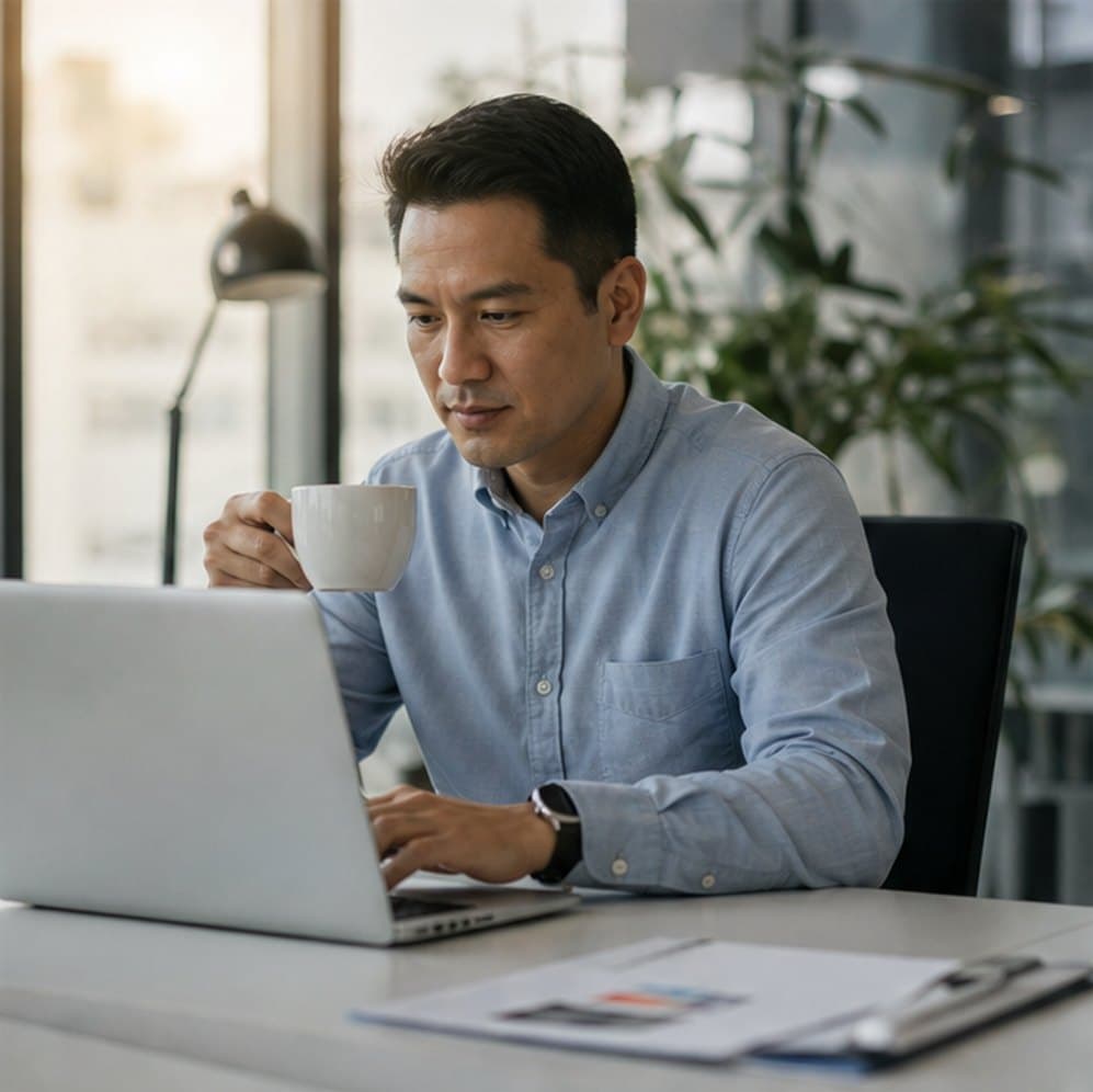 Operations manager reading an emailed report over morning coffee
