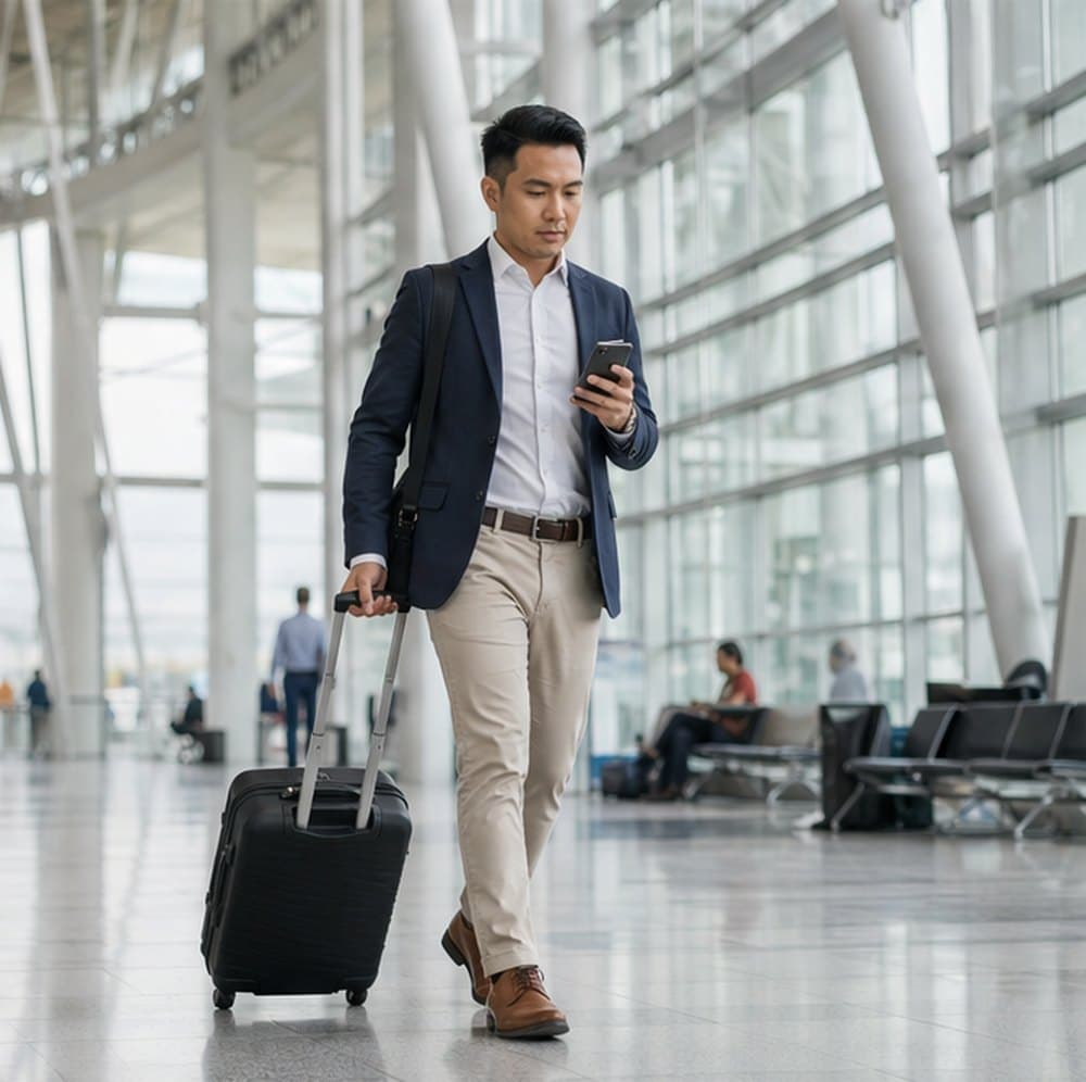 Business traveller walking through an airport terminal