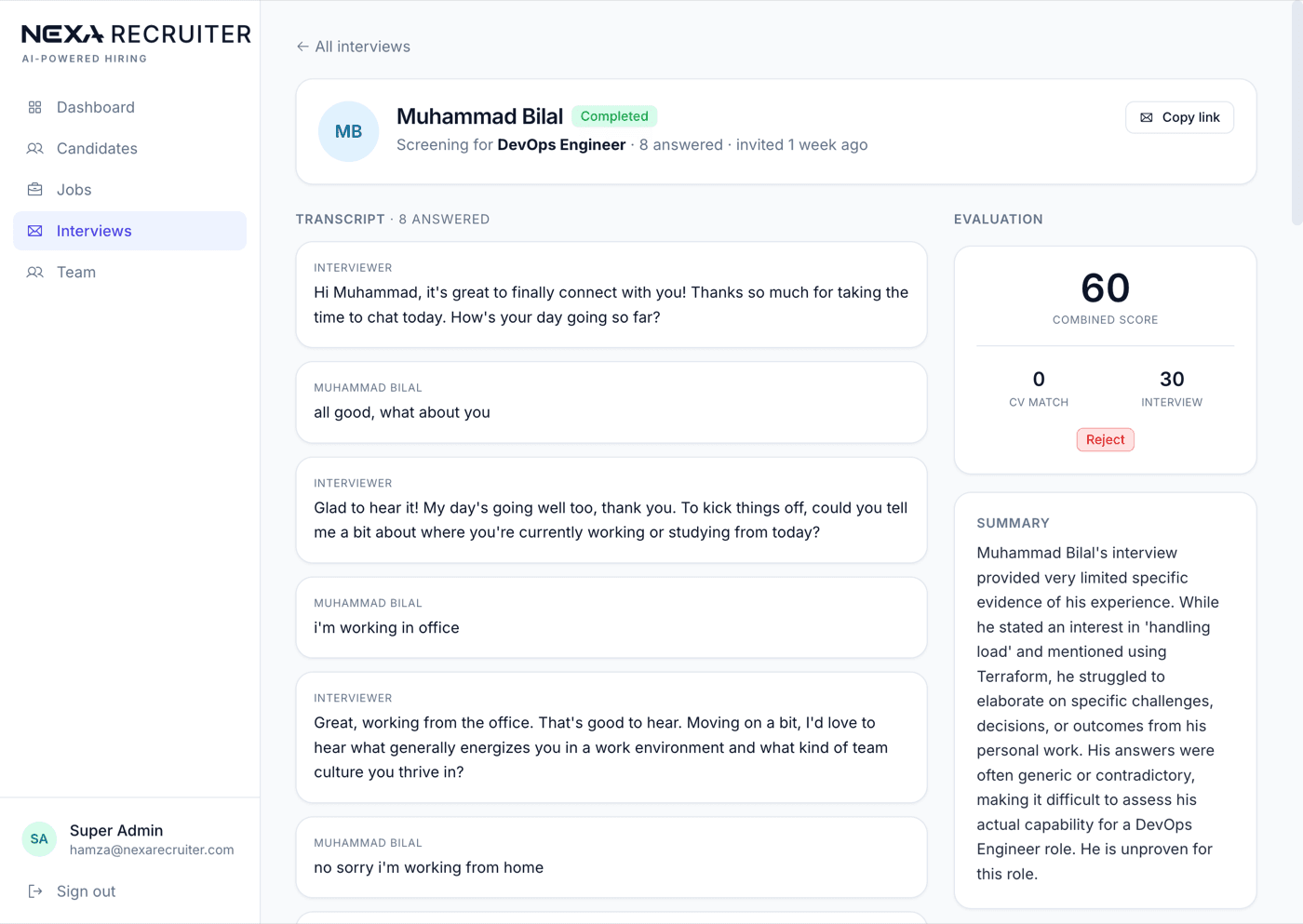 Nexa Recruiter AI first-round interview report with transcript and evaluation