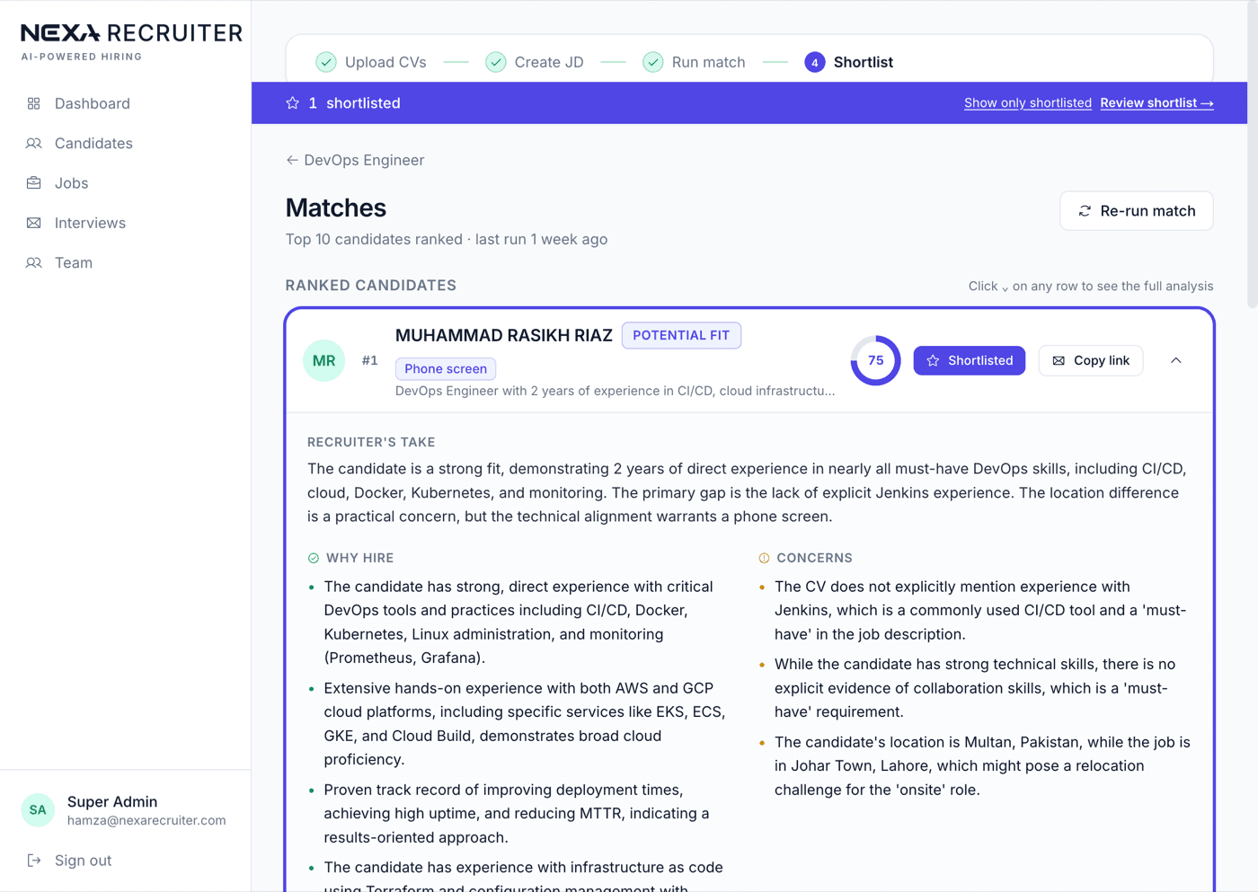 Nexa Recruiter AI match results ranking candidates against a role