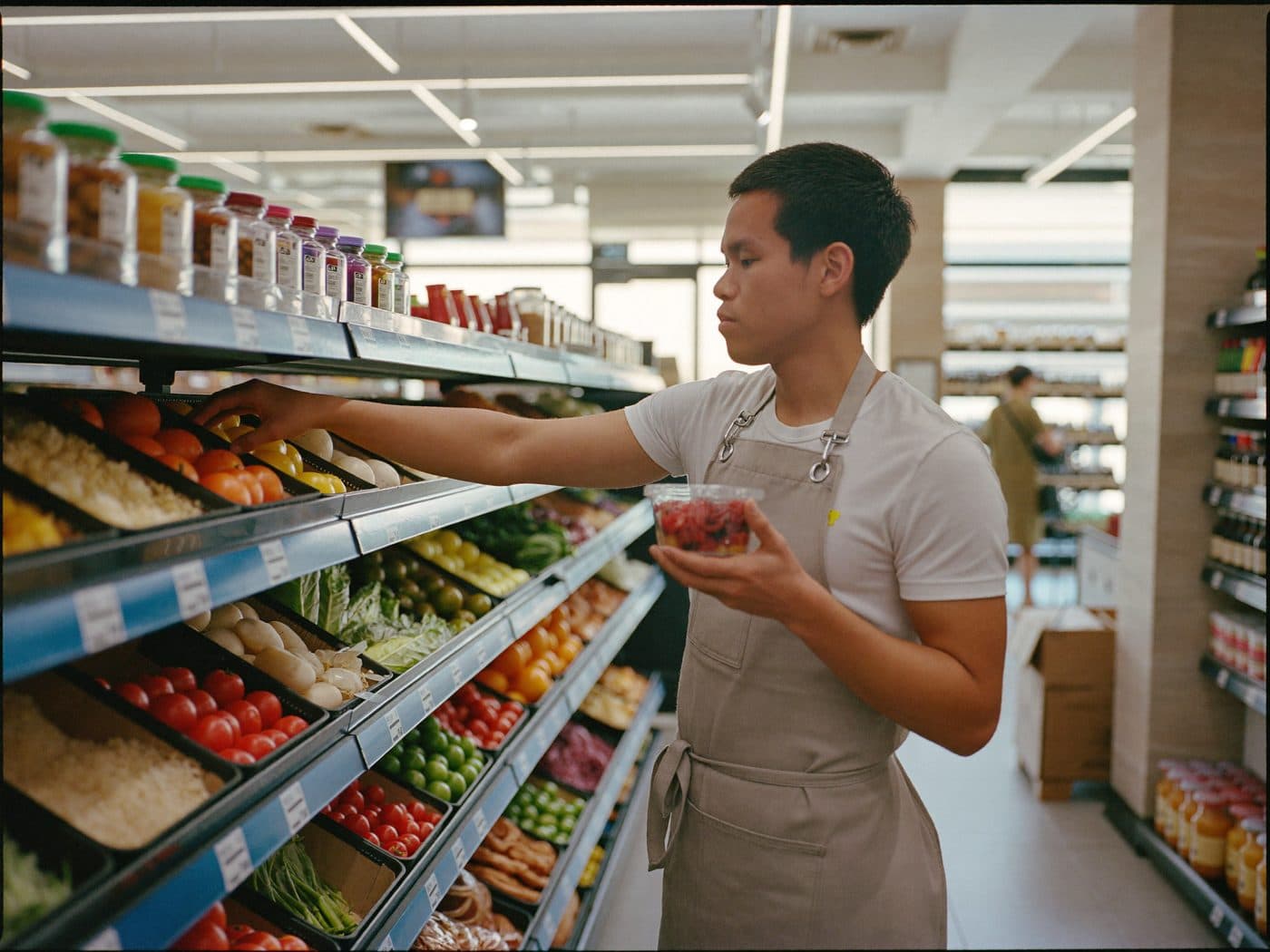 Store associate restocking grocery shelves in a supermarket aisle