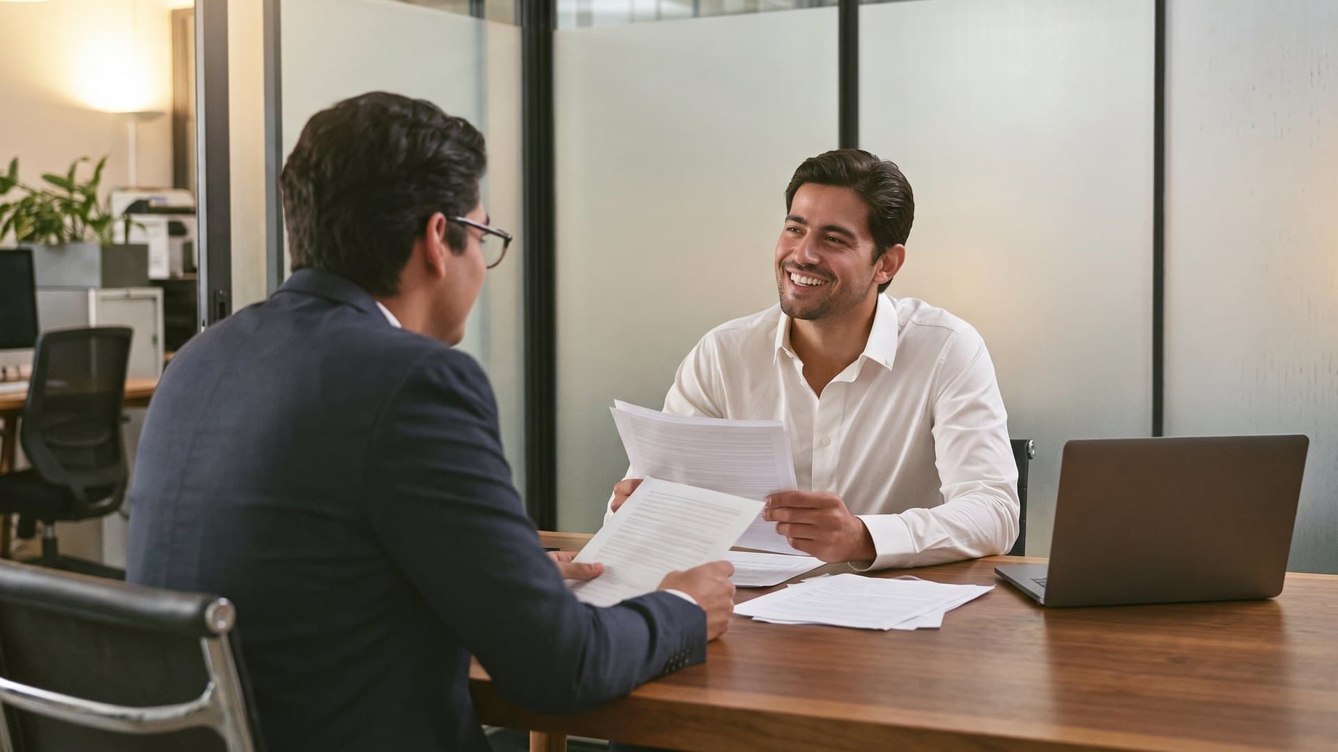 Hiring manager discussing candidates with a colleague
